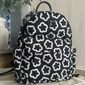 New Tory Burch NYLON PRINTED ELLA BACKPACK  BLACK-IVORY THE FLOWER